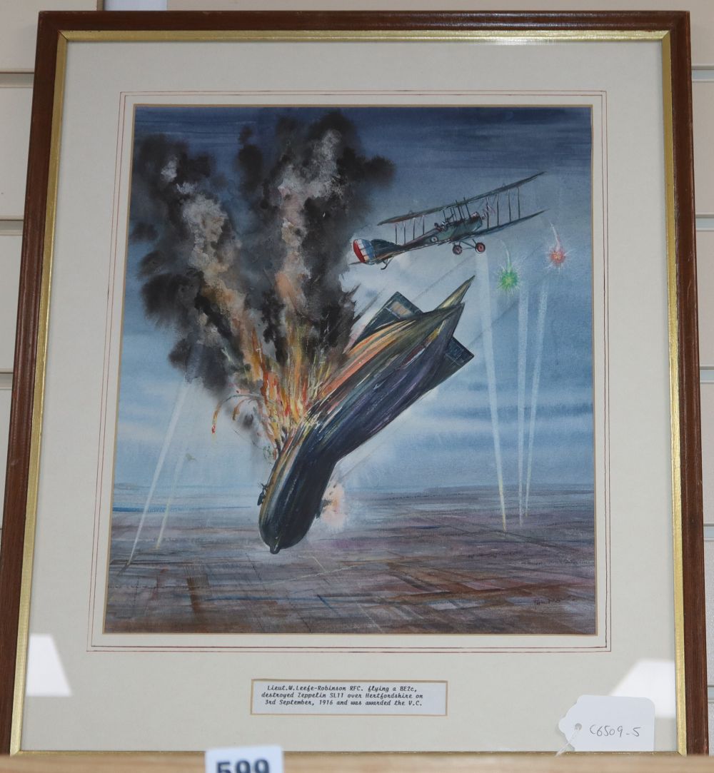 Phil May, watercolour, Lieutenant W. Leefe-Robinson RFC flying a BE2c, destroyed Zeppelin SL11 over Hertfordshire on 3rd Sept, signed,